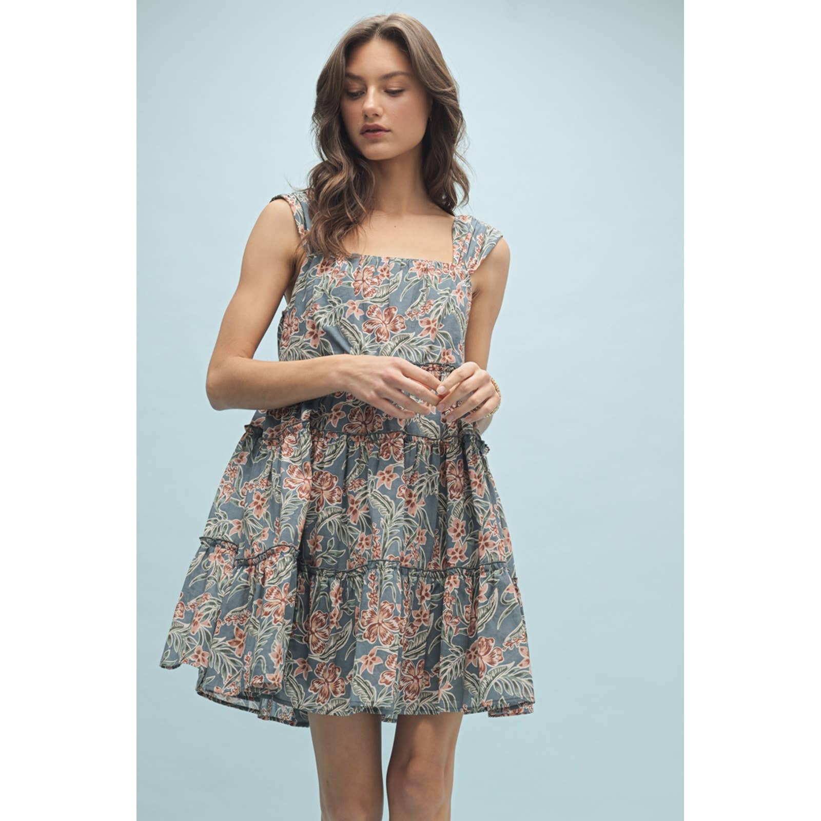TEAL COMBO FLORAL TIERED MINI DRESS / WL25-10374 for wholesale on Faire0