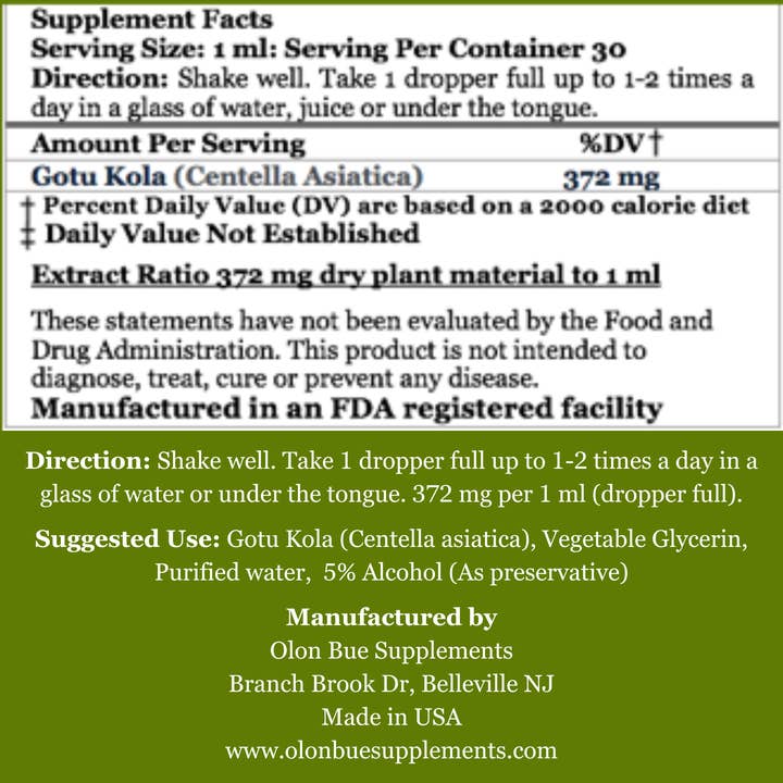 Olon Bue - Wholesale Tincture - Gotu kola (Centella asiatica) Extract Drops 1oz