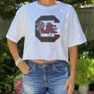 Turnovers Inc - Wholesale Screen Printed T-Shirt - Women's - South Carolina Gamecocks Ladies Crop Top- White0