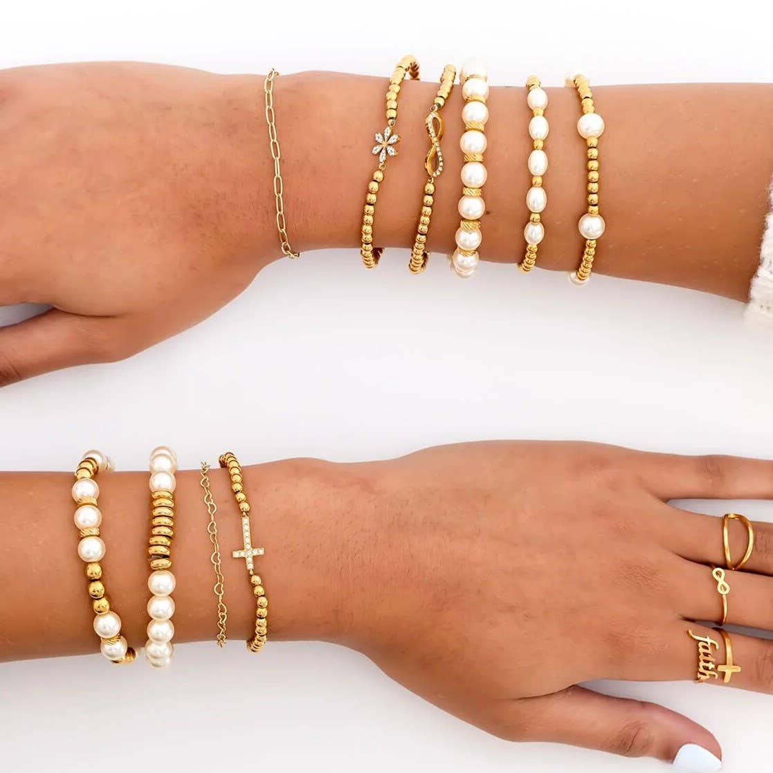 WJW - Wholesale Charm/Dangle Bracelet - 18K Gold PVD CZ Cross Beaded Stretch Bracelet6