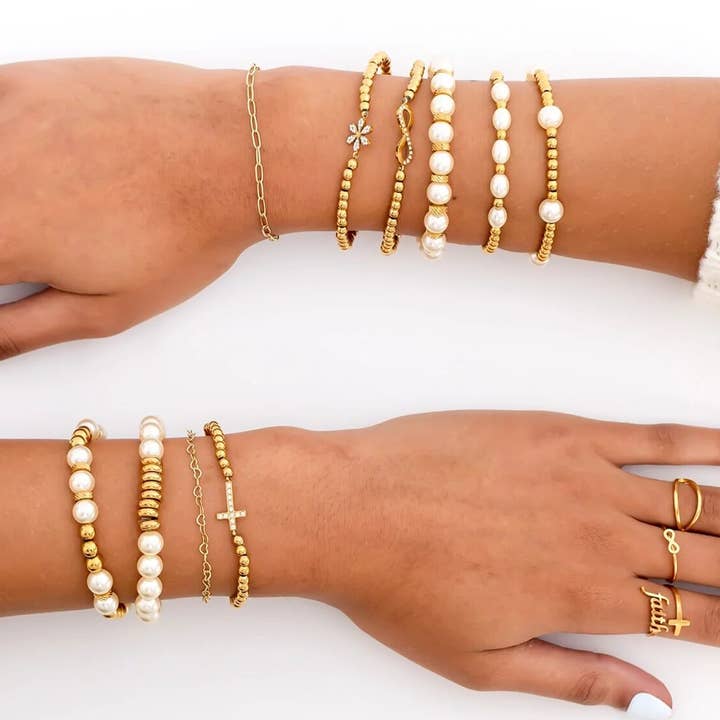 WJW - Wholesale Beaded bracelet - 18K Gold PVD 8mm Kiska Glass Pearl Stretch Bracelet2