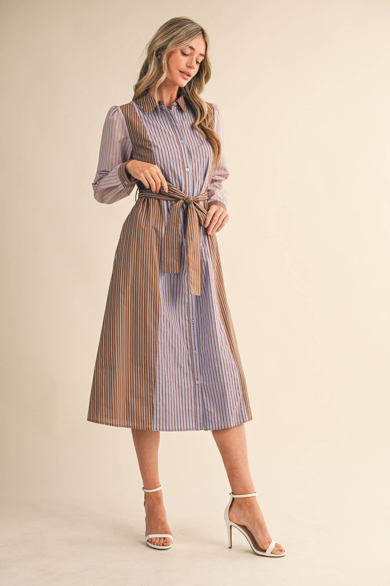 COCOA BLUE MULTI MIXED STRIPE BELTED BUTTON DOWN MIDI DRESS MDR4303 for wholesale on Faire7