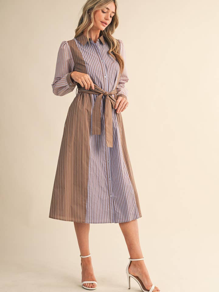 COCOA BLUE MULTI MIXED STRIPE BELTED BUTTON DOWN MIDI DRESS MDR4303 for wholesale on Faire7
