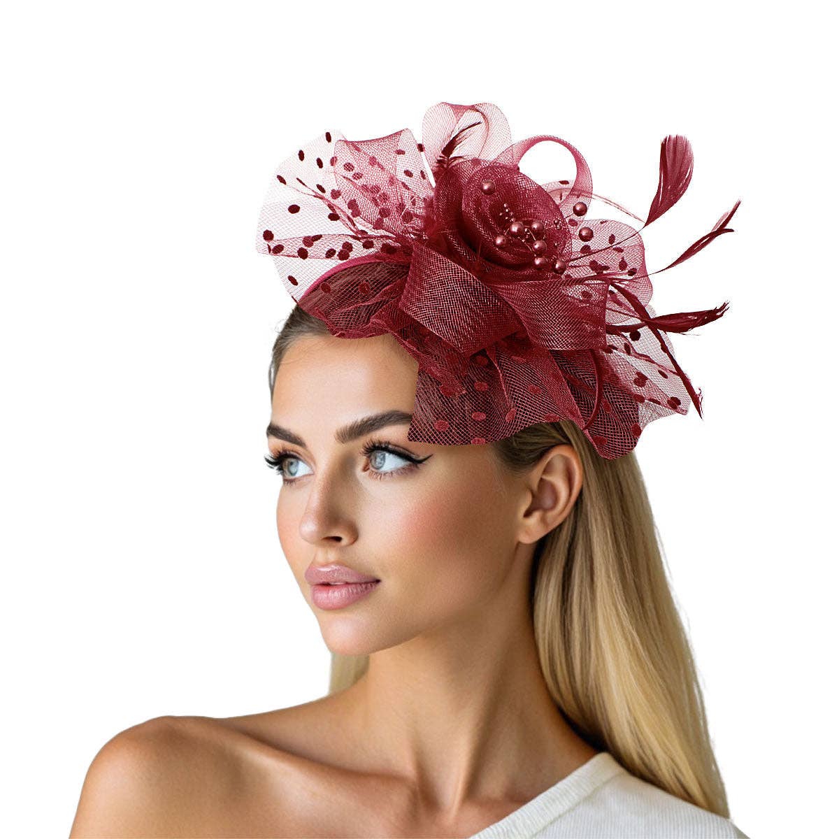 Burgundy Flower Feather Polka Dot Fascinator for wholesale on Faire1