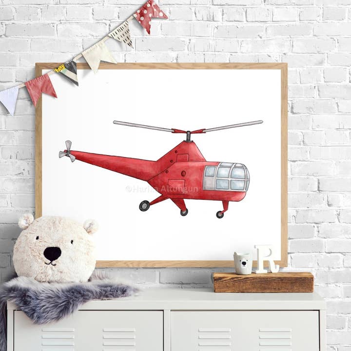 Vintage helikopter vægkunst, børns transportprint, rød helikoptermaleri, legeværelse og børneværelseskunst, eventyrprint, gave til drengeværelse for engroshandel hos MerikaArt