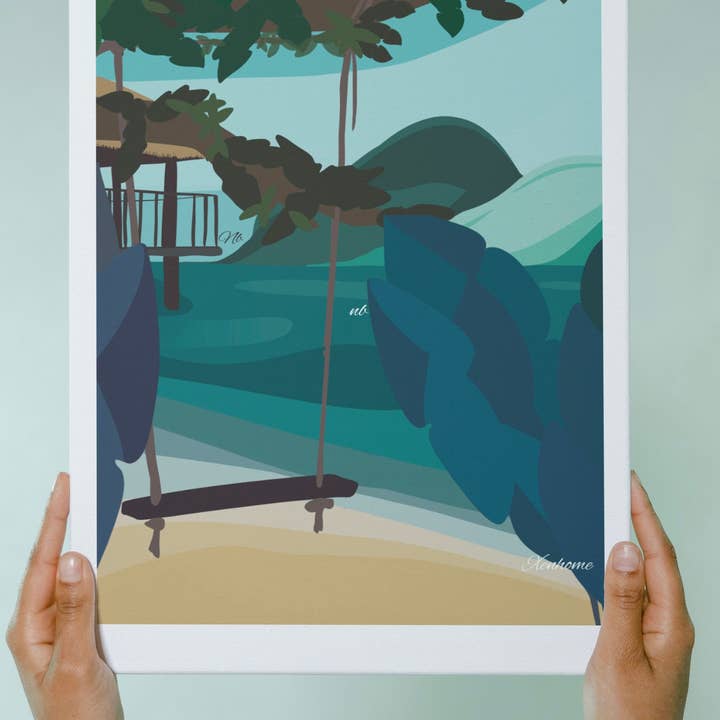 Summery Tropical Ocean Breeze Art Print | Framed | Unframed| Made In Uk | A6 A5 A4 A3| Framed- Unframed | Blue Tones Wall Print| Summer Art for wholesale by Xenhome