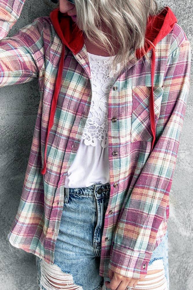 UNISHE – Großhandel Hoodie – Damen – TOPW531 Kariertes Kapuzenhemd mit Knopfverschluss Frauen2