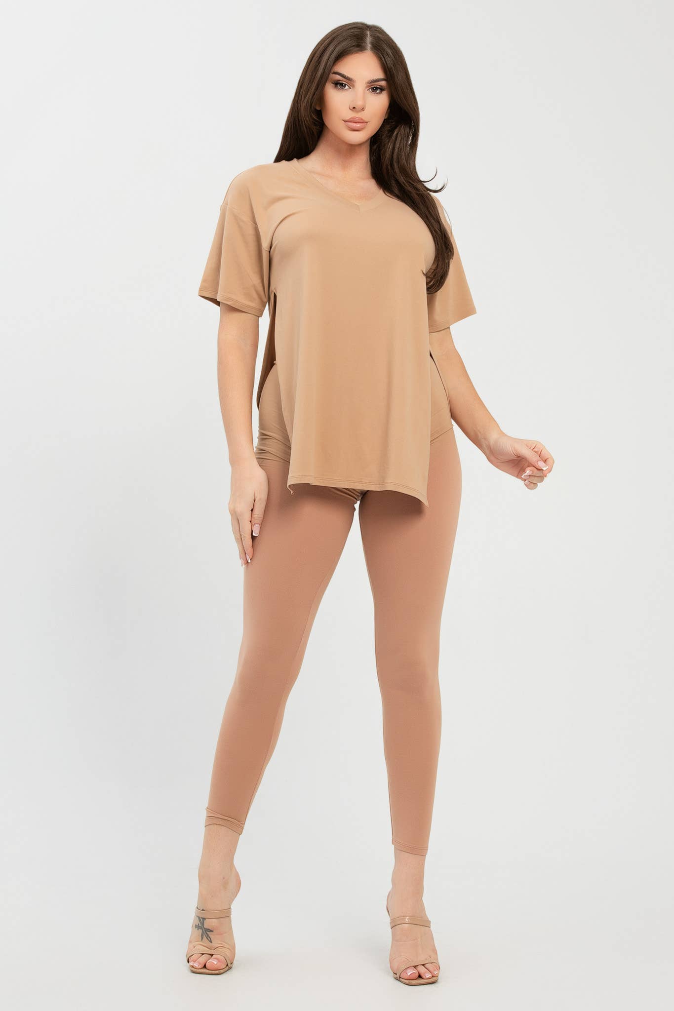 Julia by LoveJ - Wholesale Top & Pant Set (NOT Loungewear) - Women's - V Neck Side Slits Basic Top And Leggings Set10