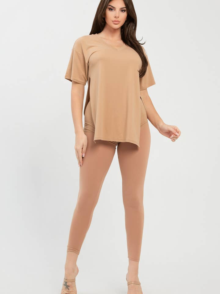 Julia by LoveJ - Wholesale Top & Pant Set (NOT Loungewear) - Women's - V Neck Side Slits Basic Top And Leggings Set10