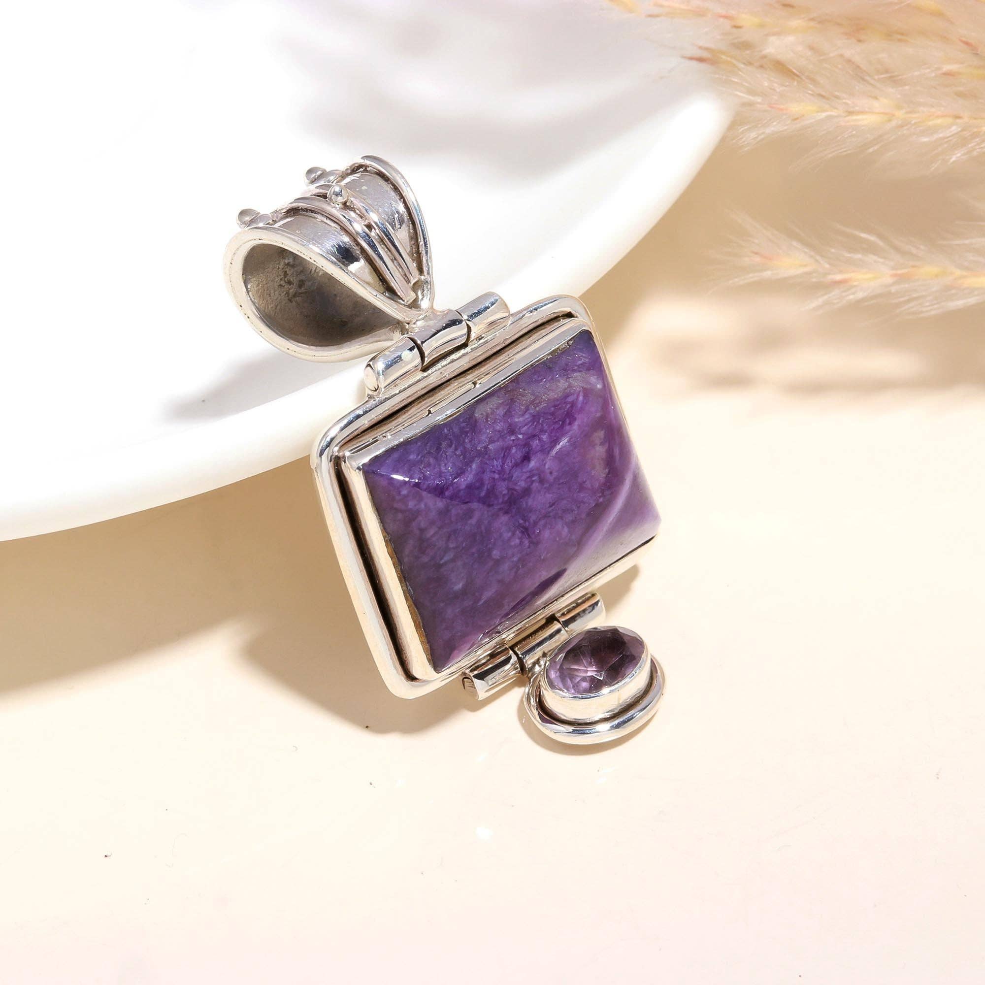AG 925 JEWELLERY - Wholesale Locket Necklace - 925 Sterling Silver Vintage Locket Purple Charoite Pendant0