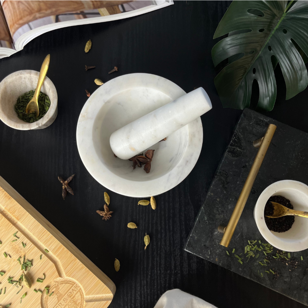 Nikita By Niki - Vente Mortiers et pilons - Ensemble pilon et mortier en marbre blanc, 3 couleurs0