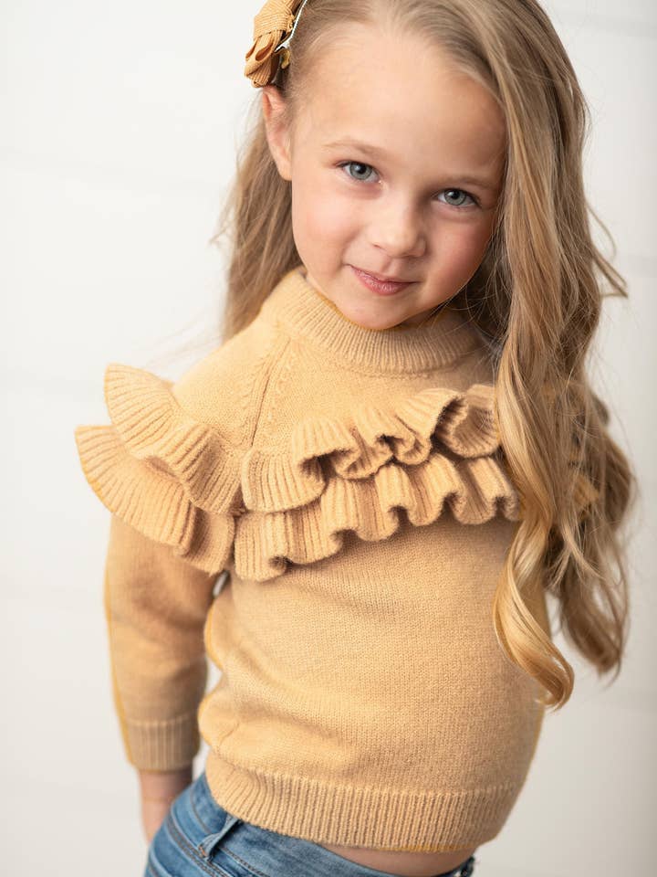 Oopsie Daisy - Wholesale Knit Sweater - Kids - Kids Tan Double Ruffle Crew Neck Fall Winter Sweater