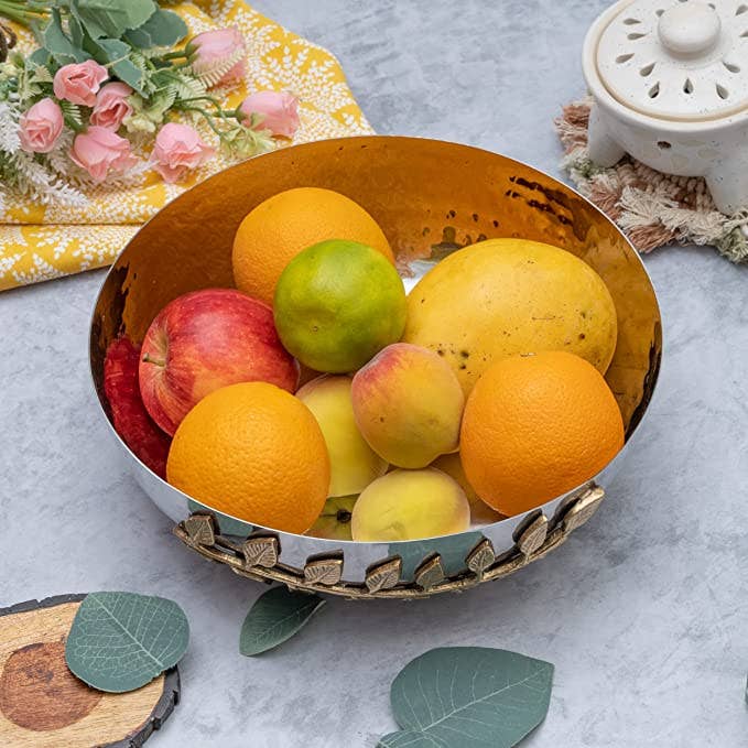 The Wine Savant / Khen Glassware - Wholesale Bowl - Silver Hammered Bowl with Golden Leaf Vine, Metal & Brass
