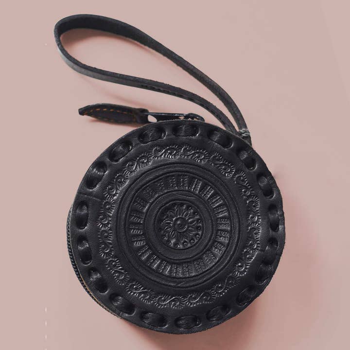 Purse & Clutch - Wholesale Clutch Bag - Women's - Embossed Leather Circle Wristlet in Black1