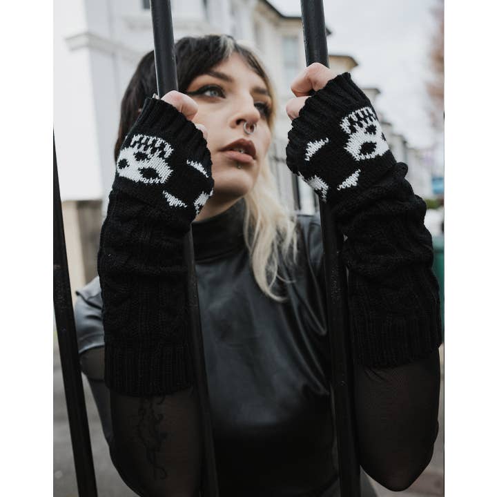 Nero/Bianco Guanti senza dita in maglia con teschio e ossa incrociate in vendita all'ingrosso su Faire1