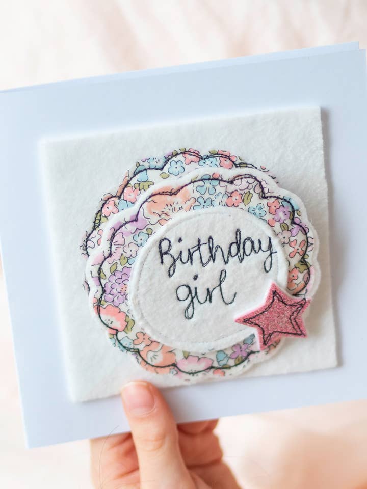 Birthday girl badge and card for wholesale by Girl Friday Embroidery