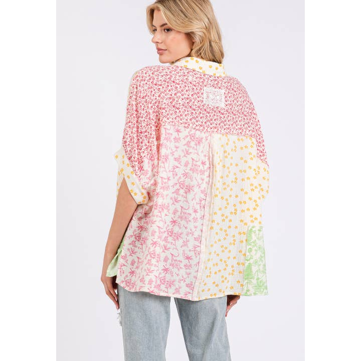 PINK MIX PATCHWORK FLORAL OVERSIZED SHIRT (ST7687) for wholesale on Faire