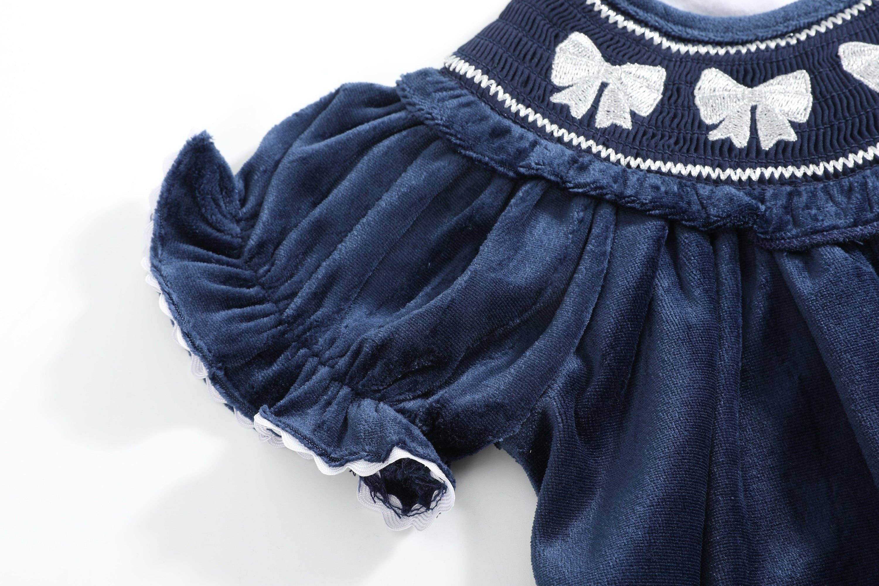Lil Cactus - Wholesale Dress - Kids - Blue Velvet Silver Bows Smocked Ruffle Bishop Dress4