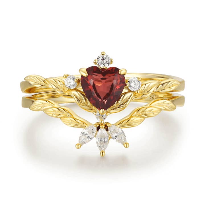 Flaming Heart Red Garnet Ring Set© Solid Yellow Gold for wholesale by Azura Jewelry