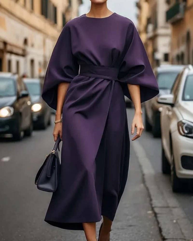 Rosa Clothing - Wholesale Dress - Women's - Fashionable Solid Color Cinched Waist Dolman Sleeve Dress2