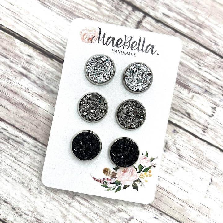 3 Pack Stud Earring Set Druzy Neutrals SL/GM/BL for wholesale by Hazel Hill ~MaeBella~