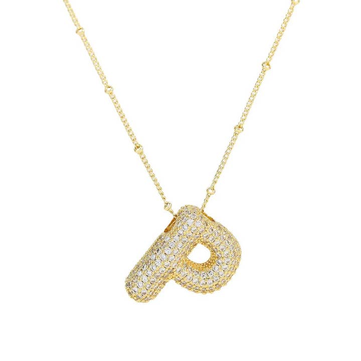 The Classy Cloth WS - Wholesale Pendant/Charm Necklace - Jeweled Cz Bubble Letter Initial Necklace - Gold RTS14