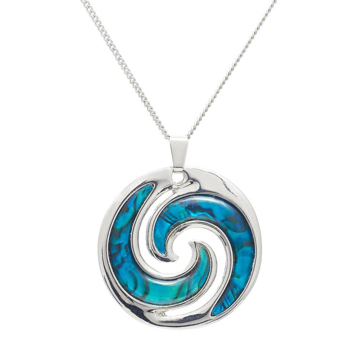Natural Paua Shell Curling Waves Necklace, Rhodium Plated for wholesale by Byzantium Collection Ltd