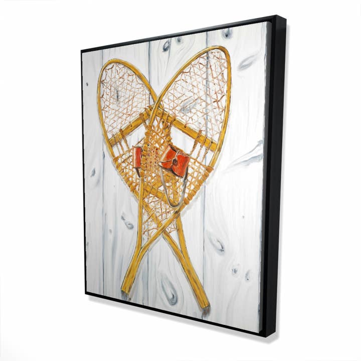 Blue Vintage wood snowshoes | framed print on canvas 48" x 60" for wholesale on Faire