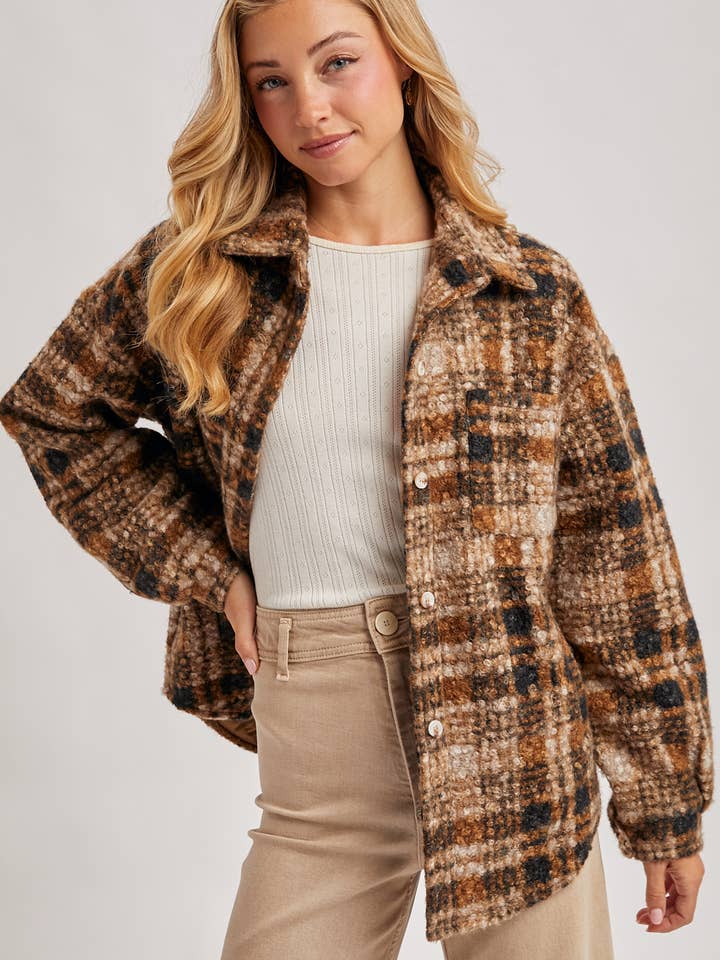 Bluivy - Wholesale Shirt Jacket/Shacket - Women's - BUTTON DOWN BOUCLE PLAID SHACKET WITH POCKETS12
