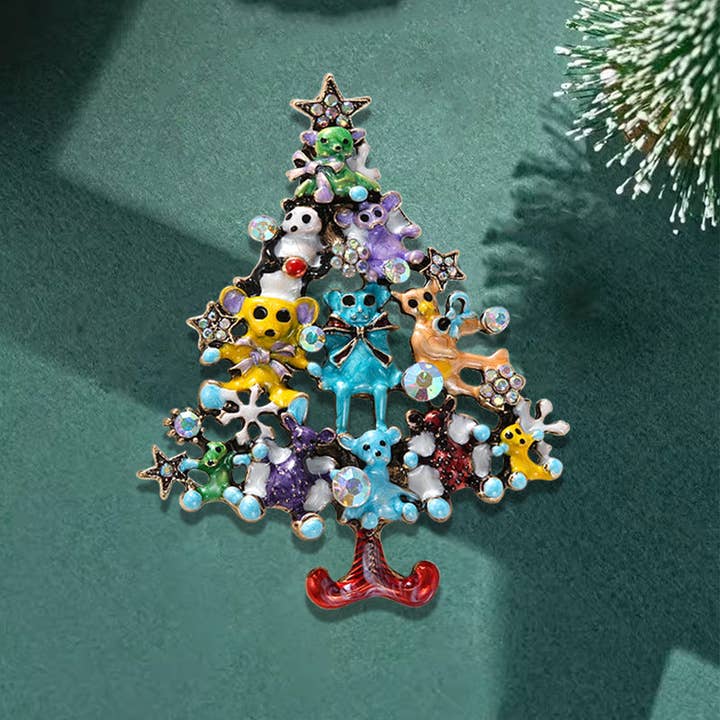 Multi Christmas Bears Tree Alloy Rhinestone Brooch PA5906 for wholesale on Faire3