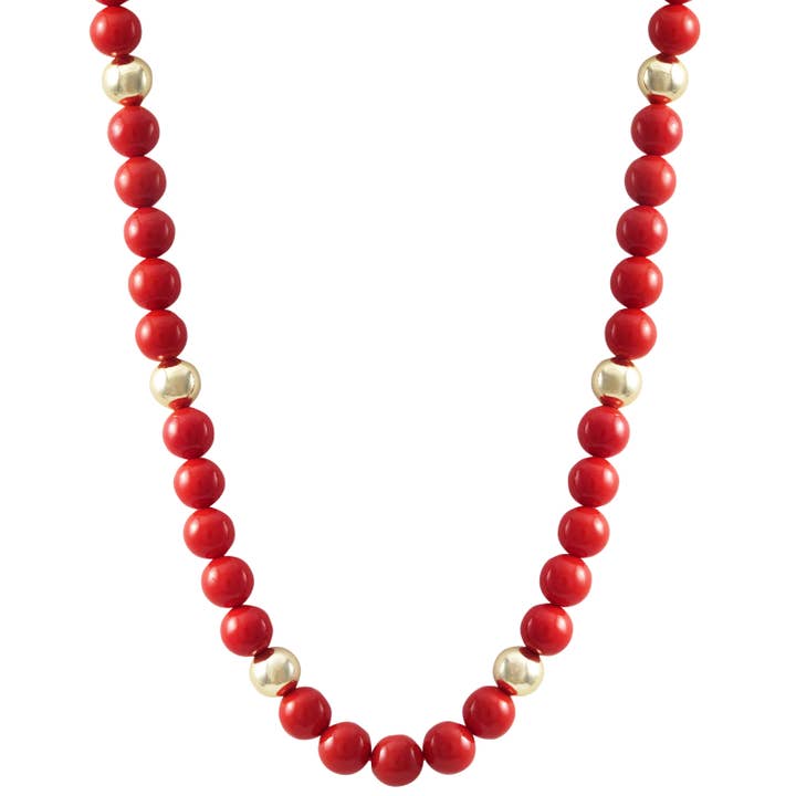 Halsketting van verguld messing met rode parels en gouden ballen voor wholesale door Dlux Jewels