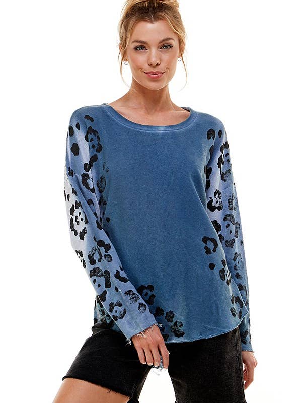 Leopard Raw Hem Long Sleeve Top for wholesale by T-Party