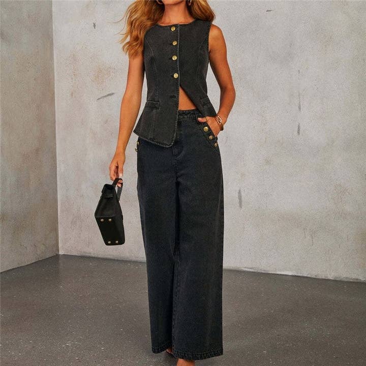 kycozy - Wholesale Top & Pant Set (NOT Loungewear) - Women's - Solid Button Sleeveless Vest Wide Leg Jeans Set4