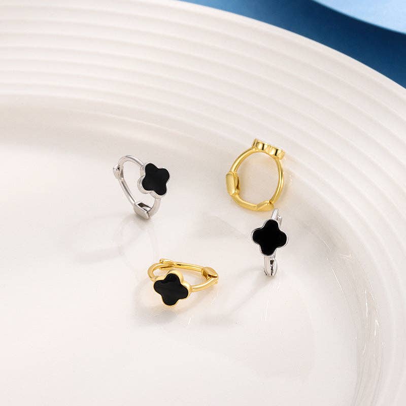 Perimade & Co. LLC - Wholesale Huggie Earrings - Black Four Leaf Clover Hoop Earrings in 925 Sterling Silver4