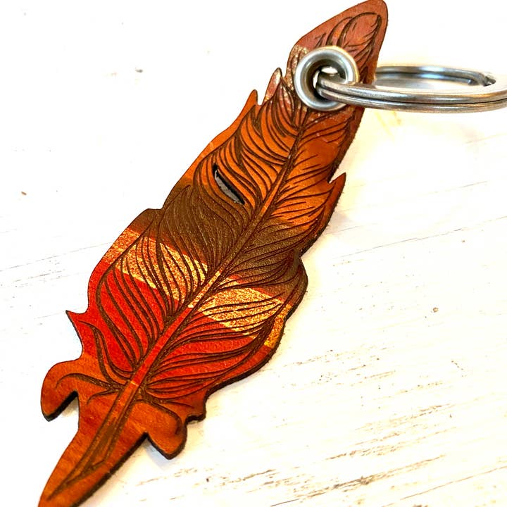 Leather Feather Keychain for wholesale by Sandpoint Laser Works