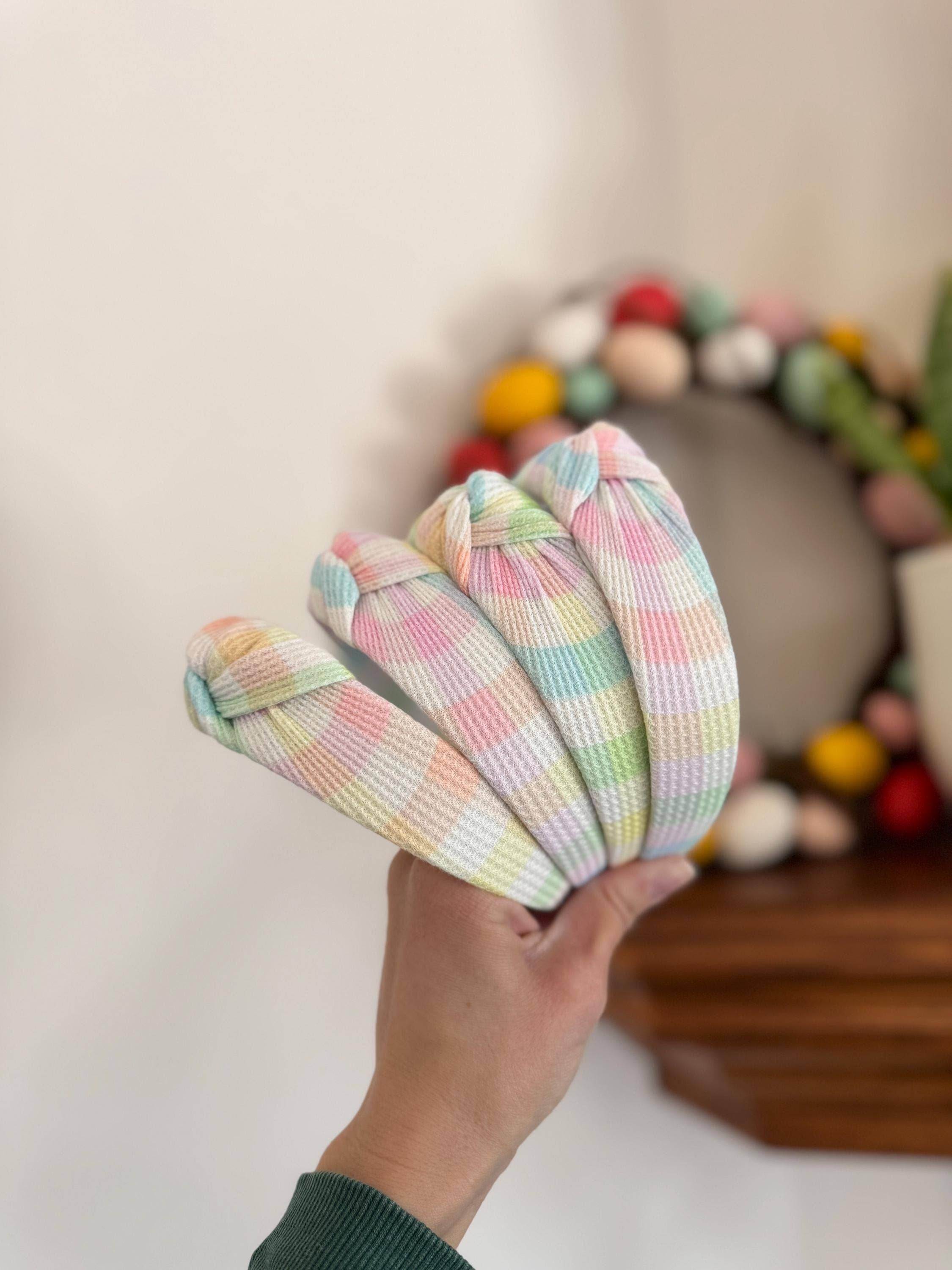 Brynnbands – wholesale Fashion headband – women's – Pastel Gingham Waffle Knit Top Knot Headband - Brynnbands1