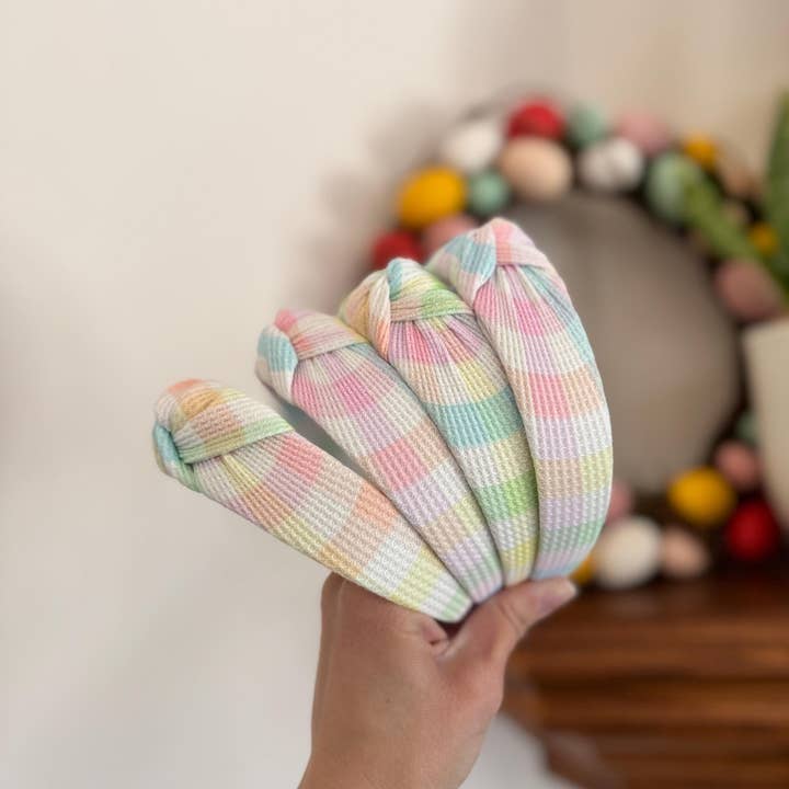 Brynnbands - Wholesale Fashion Headband - Women's - Pastel Gingham Waffle Knit Top Knot Headband - Brynnbands1