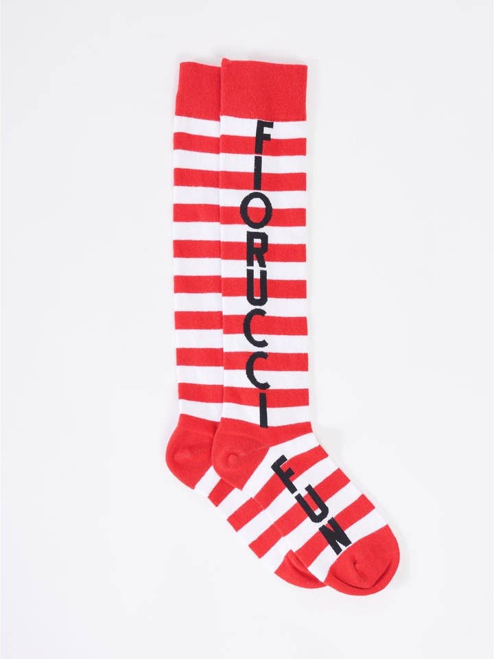 Stripe Red Calzini Fiorucci x Fun a righe al ginocchio con logo stampato in vendita all'ingrosso su Faire