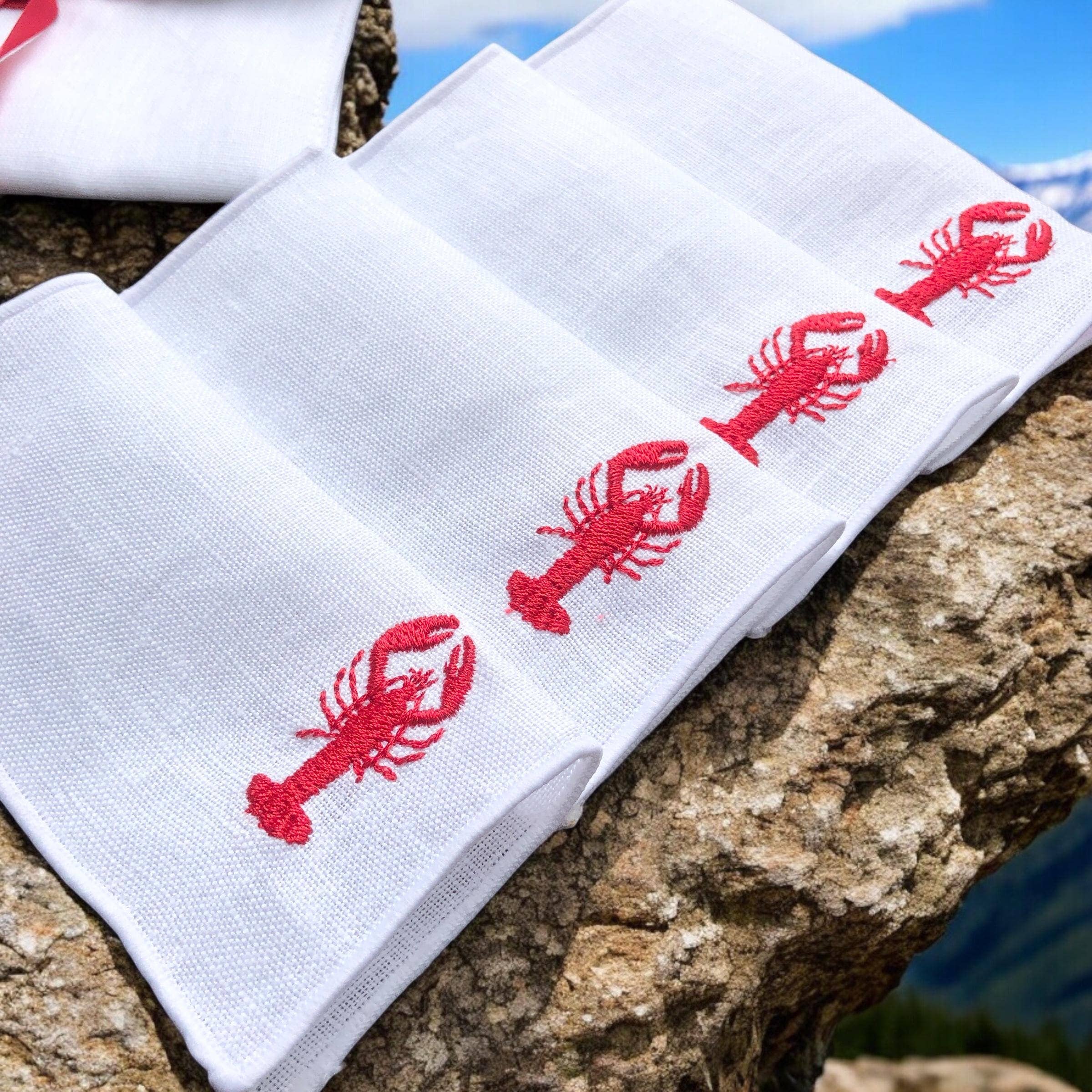 Belle Linen - Wholesale Dinner & Cloth Napkin - Set of 4 Red Lobster Embroidered Linen Cocktail Napkins0
