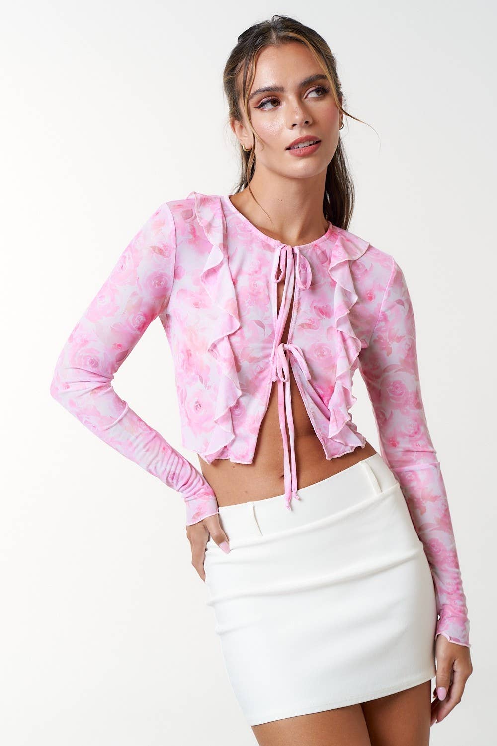 Pink BT23208-1 Floral Print Mesh Front Tie Cardigan Top for wholesale on Faire1