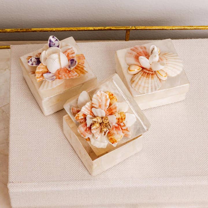 Capiz Met Echte Schelpenaccenten Dozen (3 Stijlen) (Pk/06 Ast) voor wholesale door Audrey's Home & Gift