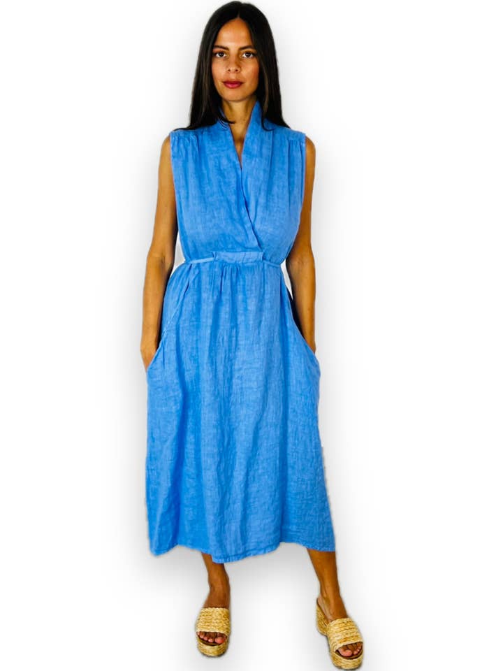 Abito senza maniche con vita in lino 100% per la vendita all'ingrosso da parte di Linos y Textiles