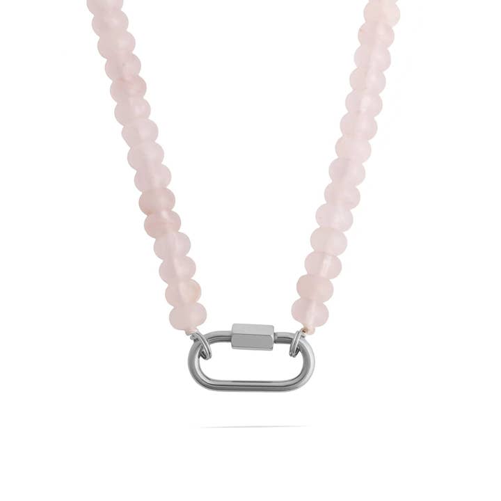 WJW - Wholesale Beaded/Pearl Necklace - Stainless Steel Pink Chunky Glass Bead Carabiner Necklace