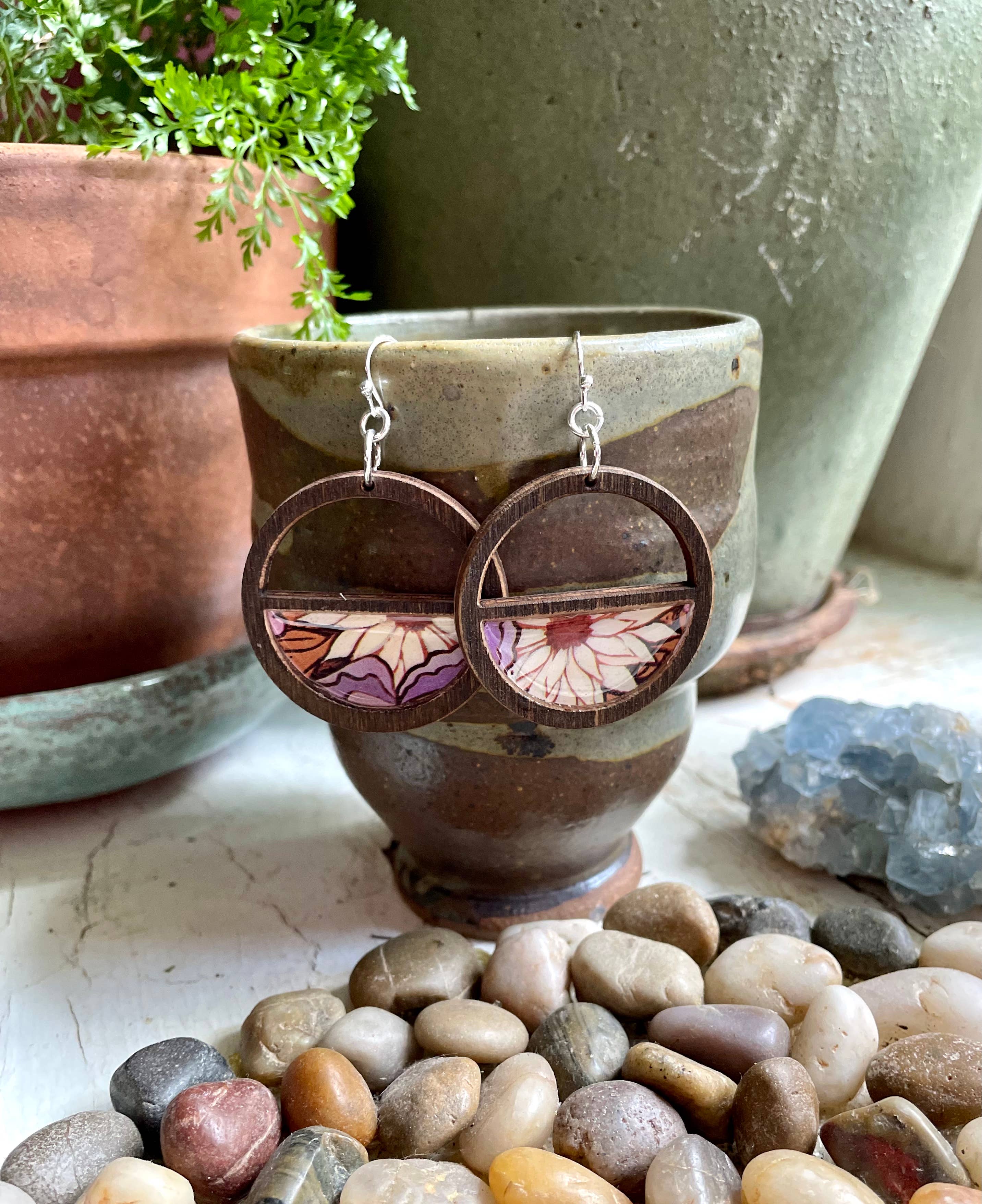 joeyfivecents - Wholesale Dangle Earrings - Natural Dark Wood Earrings - retro purple earthy mod flower3