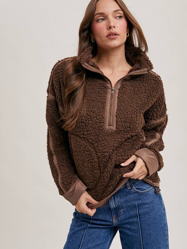 Bluivy - Wholesale Outerwear - Maternity - HALF ZIP CONTRAST SHERPA FLEECE TOP WITH POCKETS