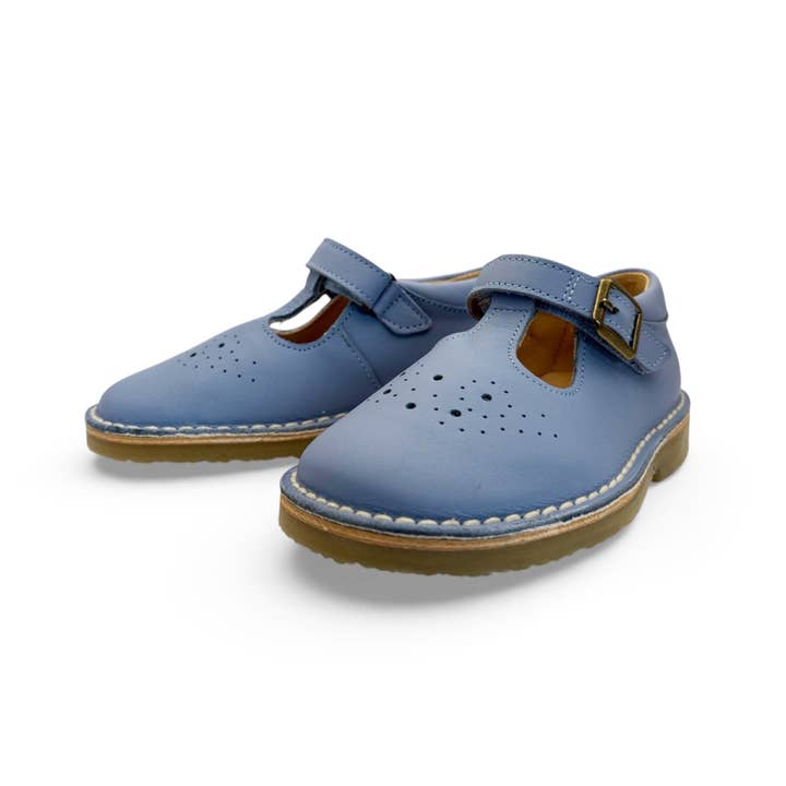 Penny T-Bar Kids Shoe Cornflower Blue Leather for wholesale by Young Soles