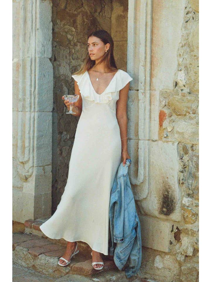 merritt charles - Vendita all'ingrosso Vestito - Donna - Abito Florence - Abito in seta color avorio con bordo in pizzo sulla scollatura