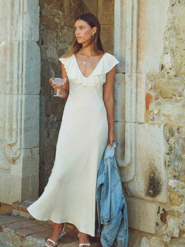 Florence Dress - Ivory Silk Dress With Neckline Lace Trim for wholesale by merritt charles