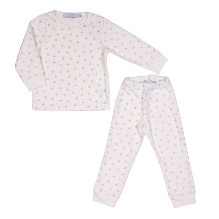 LEHANE | Pijama de terciopelo con estampado de flores rosas y marfil para niñas (2) para venta al por mayor de Bebe Sweeny