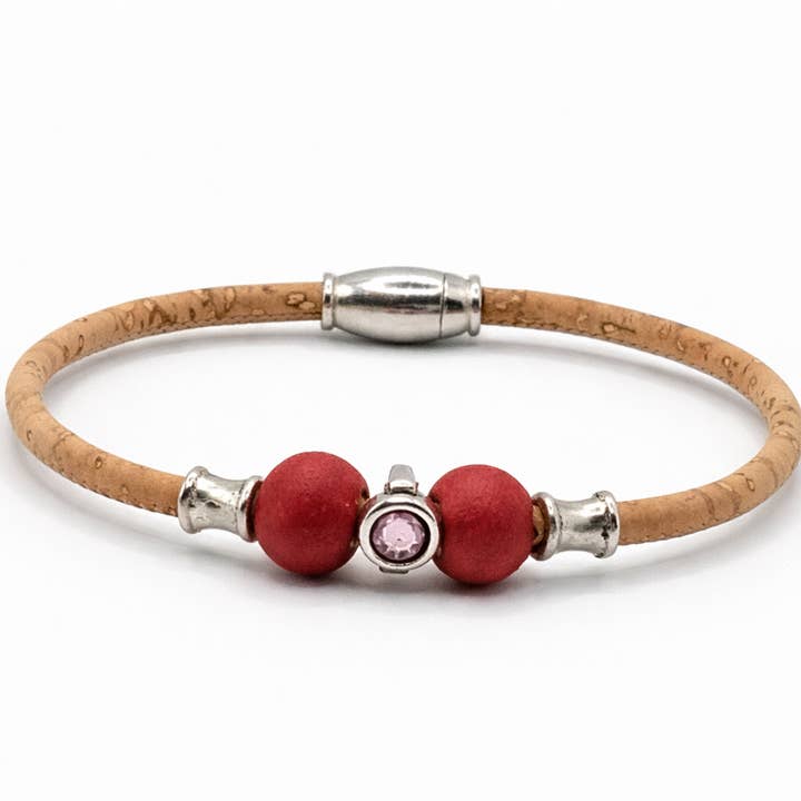 Pulseira em Cortiça Natural com Contas em Madeira Vermelhas por atacado de Line Cork